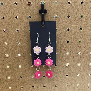 Pink Dangled flower perler bead earrings